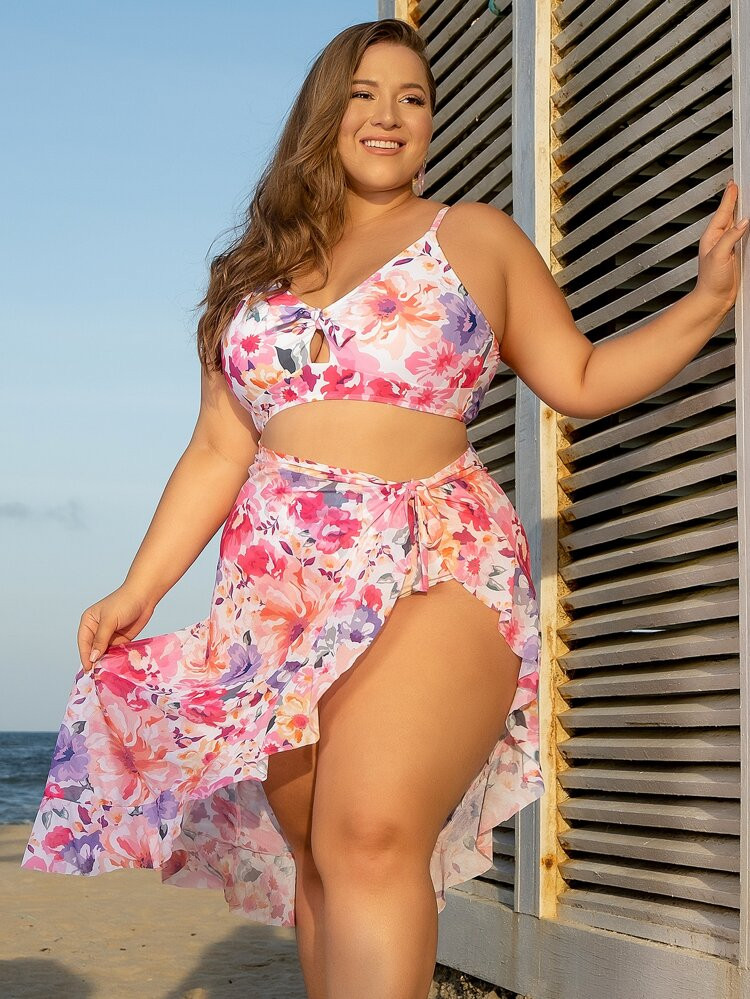 Plus Floral Knot Front Bikini Swimsuit With Beach Skirt | SHEIN