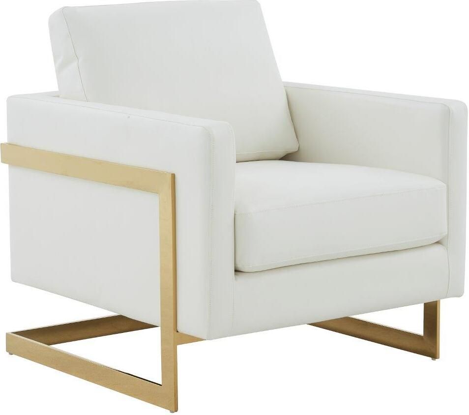 LeisureMod Lincoln White Modern Upholstered Leather Accent Arm Chair with Gold Frame | 1stopbedrooms