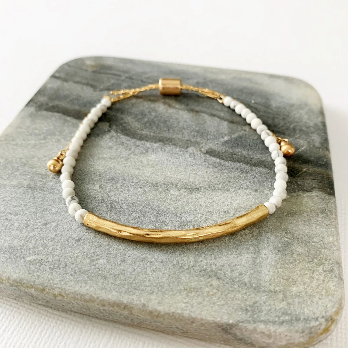 Natural Stone Slider Bracelet Collection :: Howlite Gold Bar | Baubles & Bits