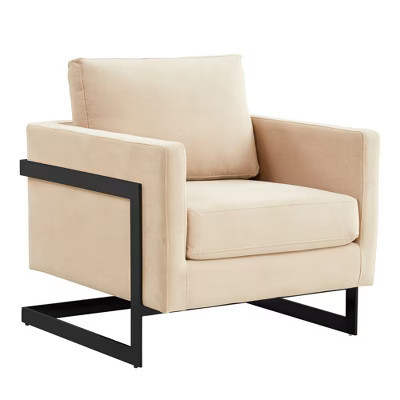 LeisureMod Lincoln Velvet Accent Arm Chair, Black Steel Frame in Beige | Target