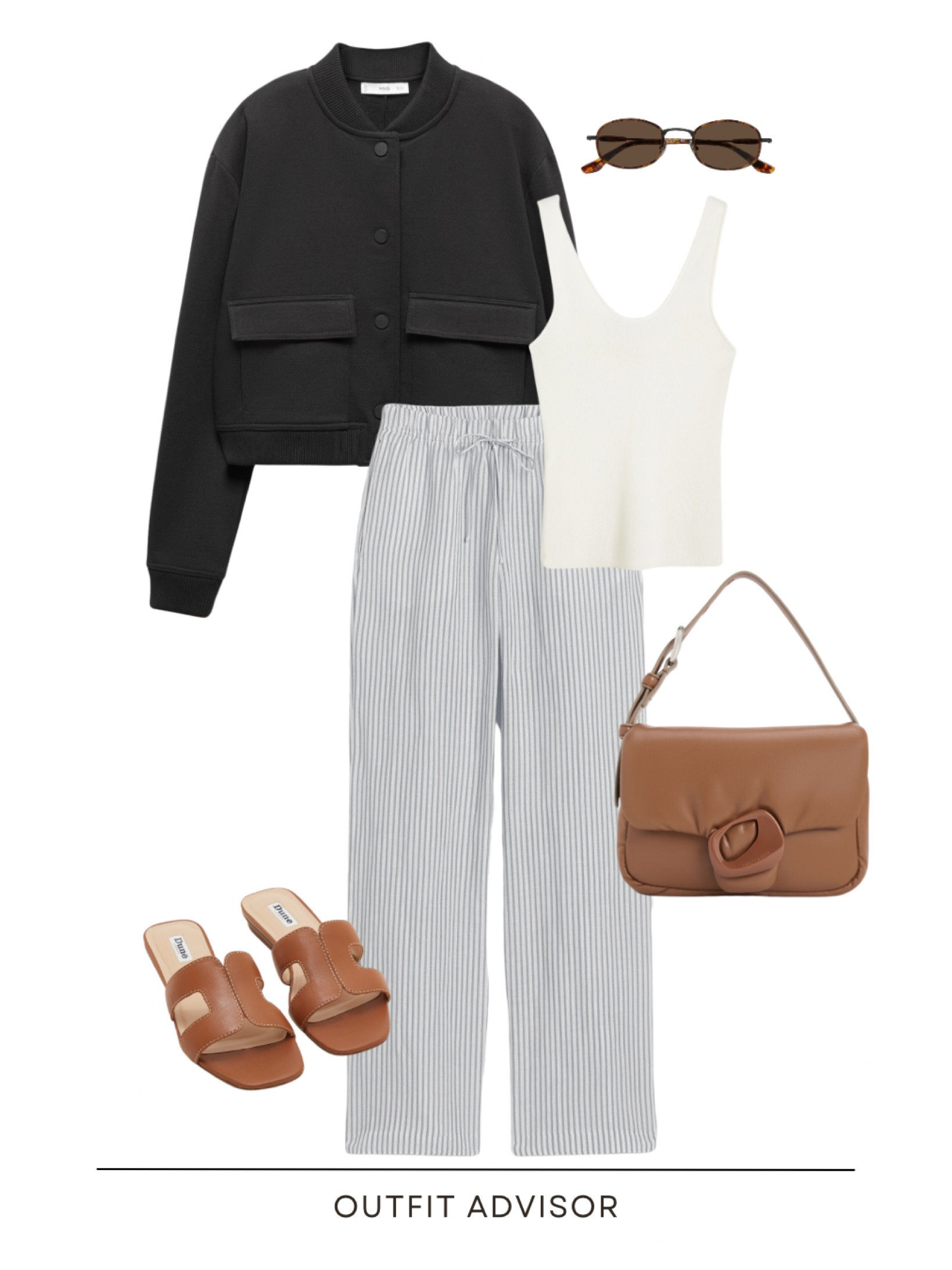 Casual spring outfit inspo: striped trousers, cream tank top, black bomber jacket, sunglasses, brown bag and slides

#LTKitbag #LTKshoecrush #LTKstyletip