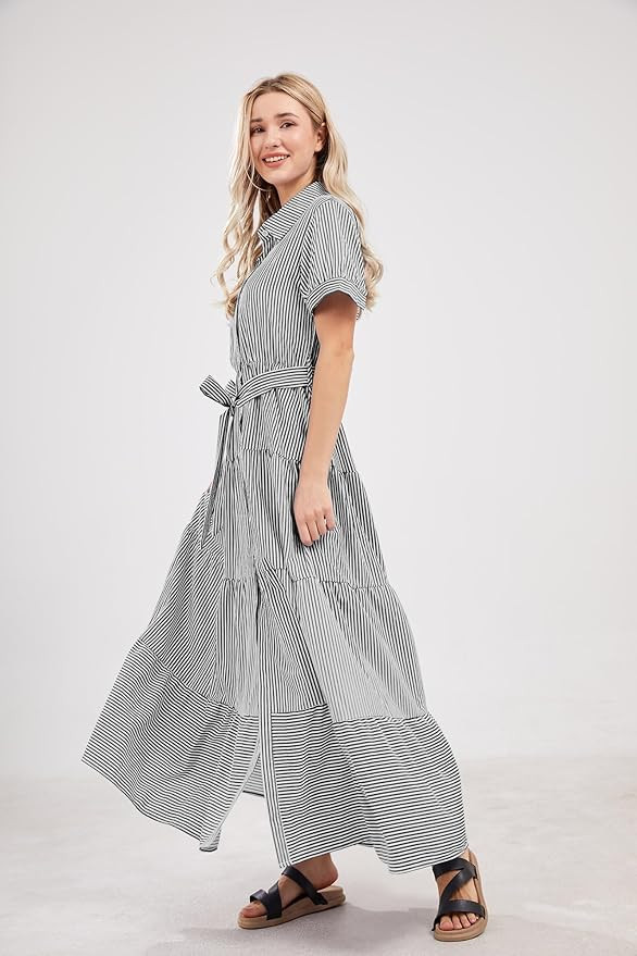 utcoco Womens Casual Short Sleeve Button Down Tie Waist Ruffled Striped Maxi Shirt Dress | Amazon (US)