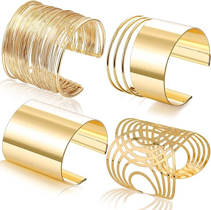 RIOSO 4 Pcs Cuff Bangle Bracelet for Women Open Wide Wire Bracelets Gold Wrist Cuff Wrap Bracelet | Amazon (US)