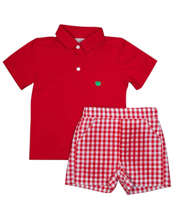Apple Embroidered Red Checked Shorts Set | Smockingbird Kids