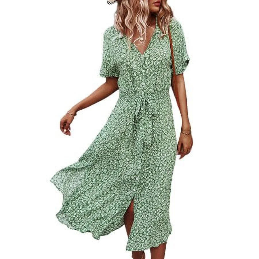 Spring hue Women's Button Midi Dress, Short Sleeve Floral Print Shirt Dress | Walmart (US)