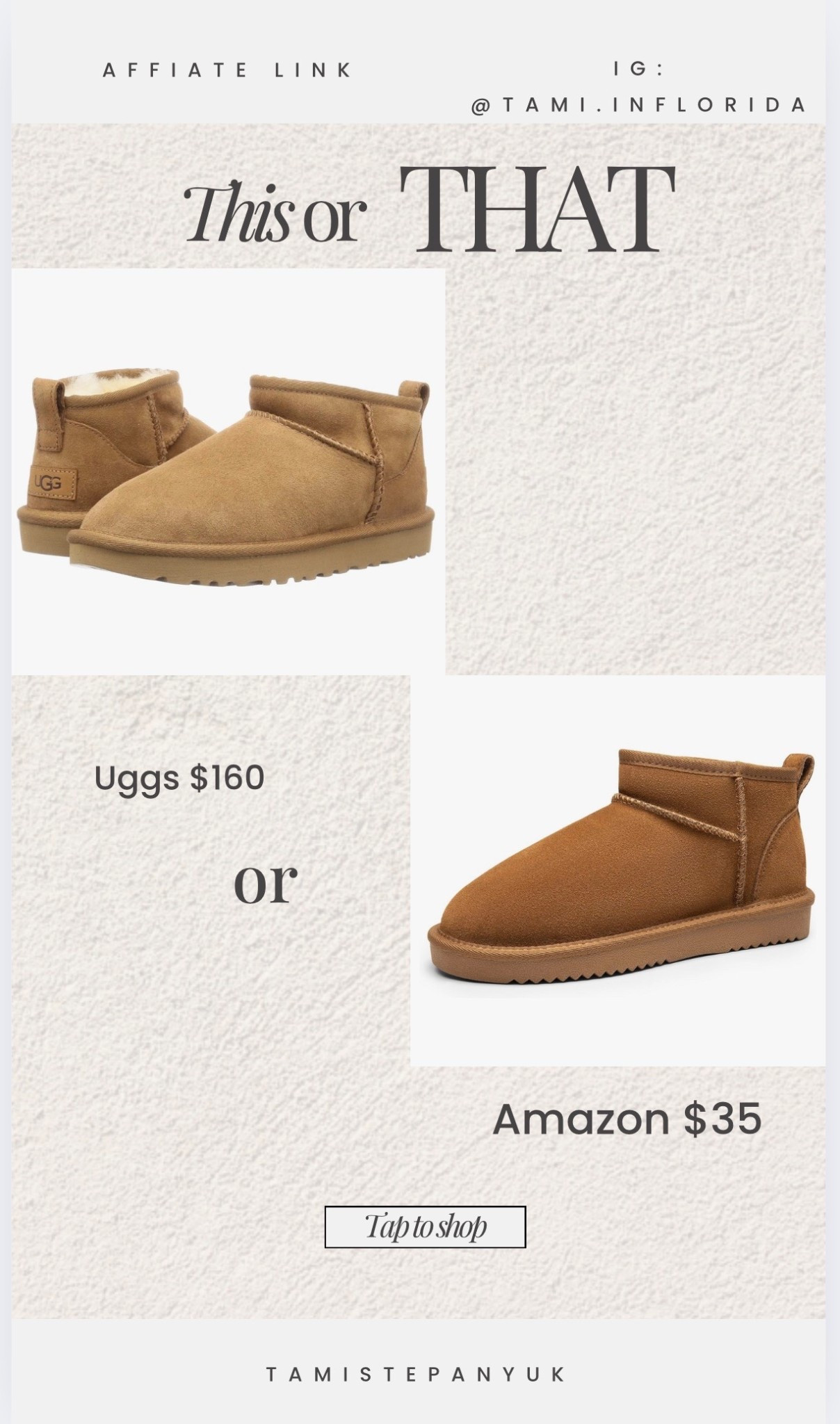 This or That? 🤎
UGG Minis ($160) vs Amazon lookalikes ($35) — can you tell the difference? 👀
Both are cozy, neutral, and perfect for school drop-offs or coffee runs.
✨ Tap to shop your favorite — save or splurge?

#LTKFind #LTKshoecrush #LTKfallfashion #UGGdupes #LTKunder50 #cozystyle #amazonfashion #falloutfitinspo #LTKdealalert #LTKstyletip


#LTKShoeCrush #LTKSeasonal #LTKHoliday
