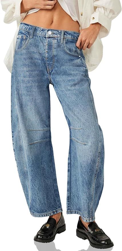 PLNOTME Women's Baggy Boyfriend Jeans Vintage Wide Leg Mid Rise Barrel Denim Ankle Pants | Amazon (US)
