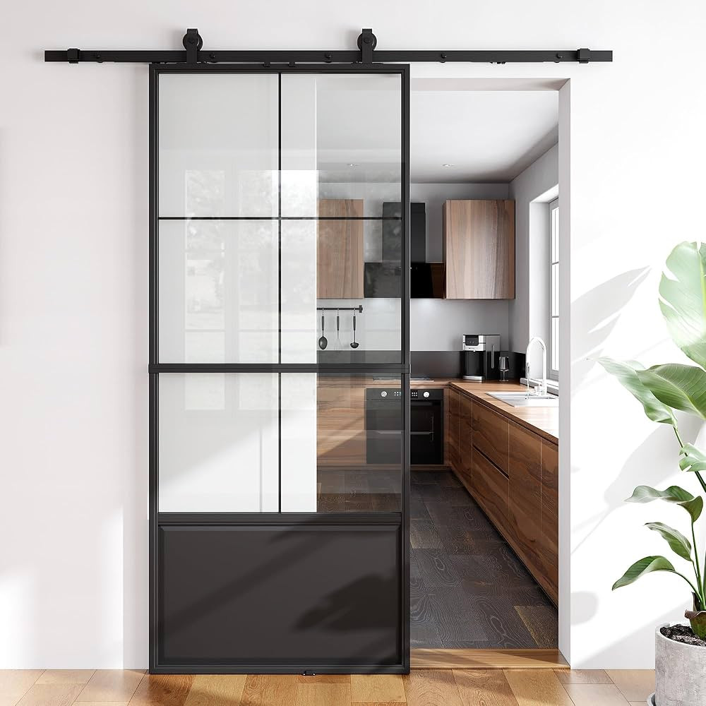 SmartStandard 36in x 84in Glass Sliding Barn Door,6-Panel Clear Glass Barn Door with Hardware Kit... | Amazon (US)