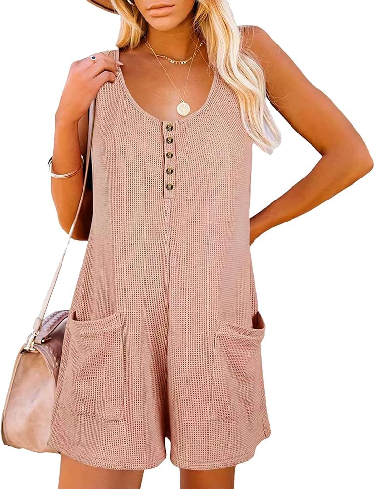 Womens Rompers Sleeveless Button Down V Neck Waffle Tank Top Jumpsuit Summer Outfits | Amazon (US)
