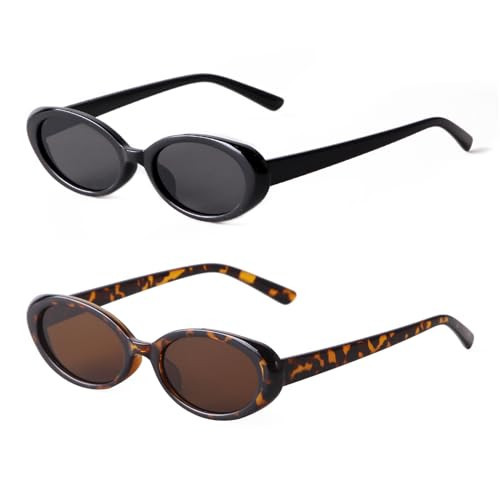 Laurinny Small Oval Sunglasses for Women Men Trendy 90s Retro Leopard Black Skinny Glasses, Black & Leopard Print | Amazon (US)