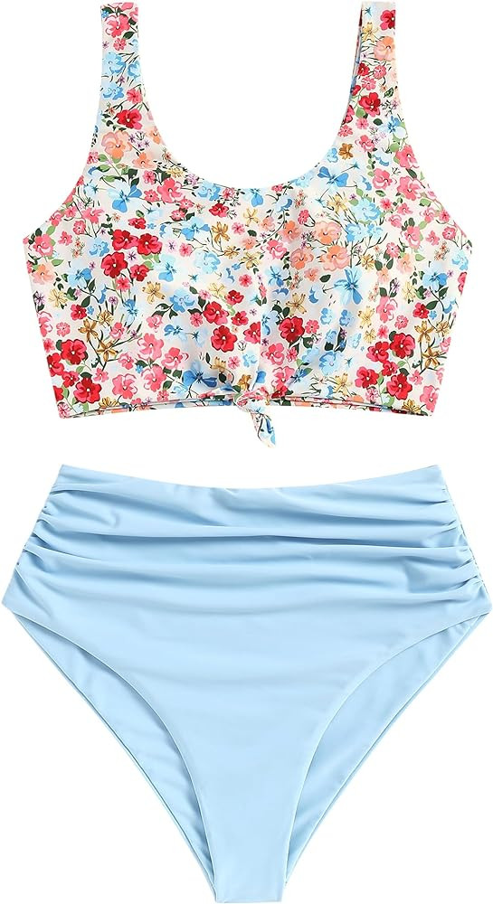 ZAFUL Women's High Waisted Tankini Scoop Neck Knotted Two Pieces Tankini Set Swimsuit | Amazon (US)