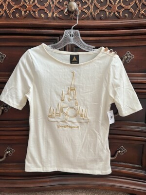 NEW DISNEY WORLD 50TH ANNIVERSARY GOLD EMBROIDERED CASTLE LUXE LOGO TEE SHIRT XS | eBay US