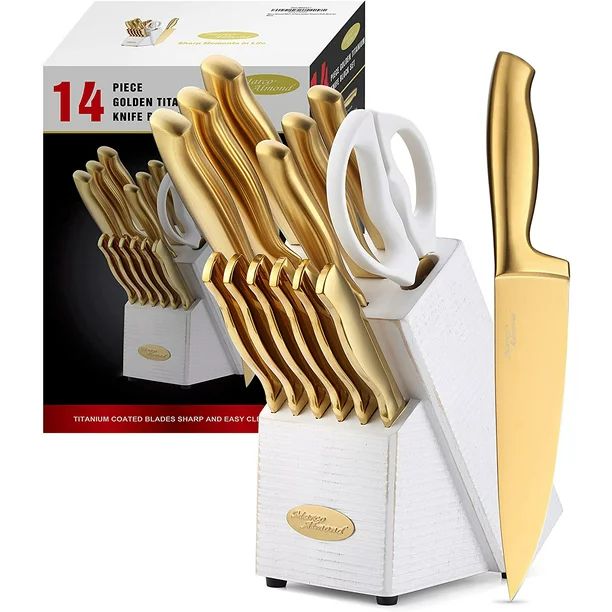 Marco Almond MA21 14-Piece Knife Set with Block Golden Kitchen Knife Block Set Stainless Steel - ... | Walmart (US)