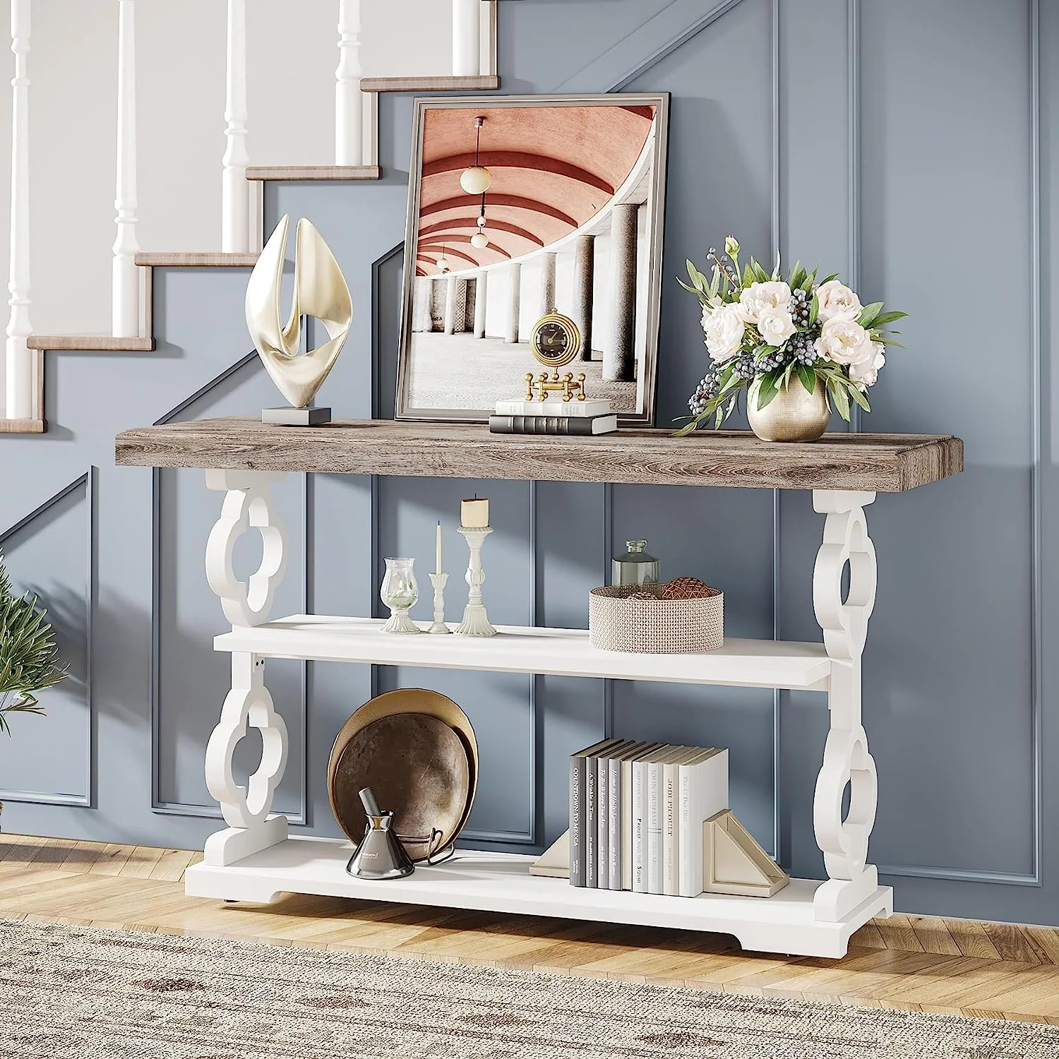 Farmhouse Console Table, 55 inch Entryway Sofa Table with Storage, 3 Tier Accent Entry Table, Grey | Bed Bath & Beyond