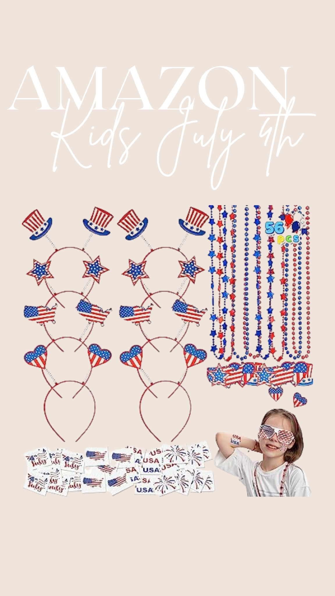 JOYIN 56 Pcs 4th of July Accessories with 8 Glasses, 8 Headbands, 8 Necklaces and 32 Tattoo Stickers, American Flag Headbands and Patriotic Necklace for Independence Day, Memorial Day, Veterans Day and 4th of July Party Favors,

#LTKFind #LTKkids #LTKSeasonal