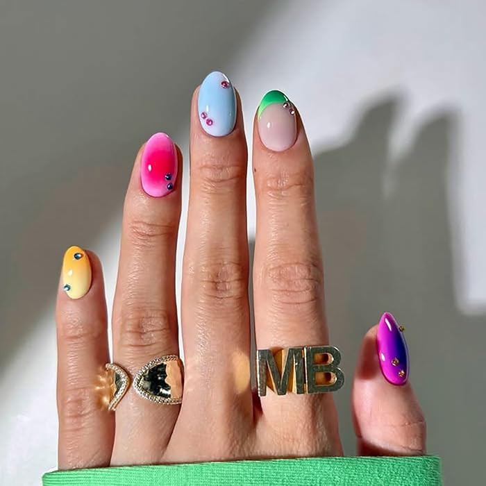 24Pcs Fake Nails French Tip Press on Nails Short Almond Glue on Nail Colorful Gradient Nails Pres... | Amazon (US)