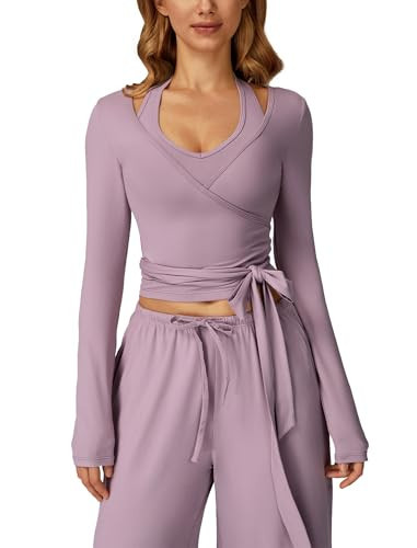 ABOCIW Women Ballet Wrap Top Long Sleeve Self Tie Workout Pilates Yoga Wrap Tops Ballet Cover Up Tops Bolero Shrugs Athletic Gym Wrap Top Purple Small | Amazon (US)