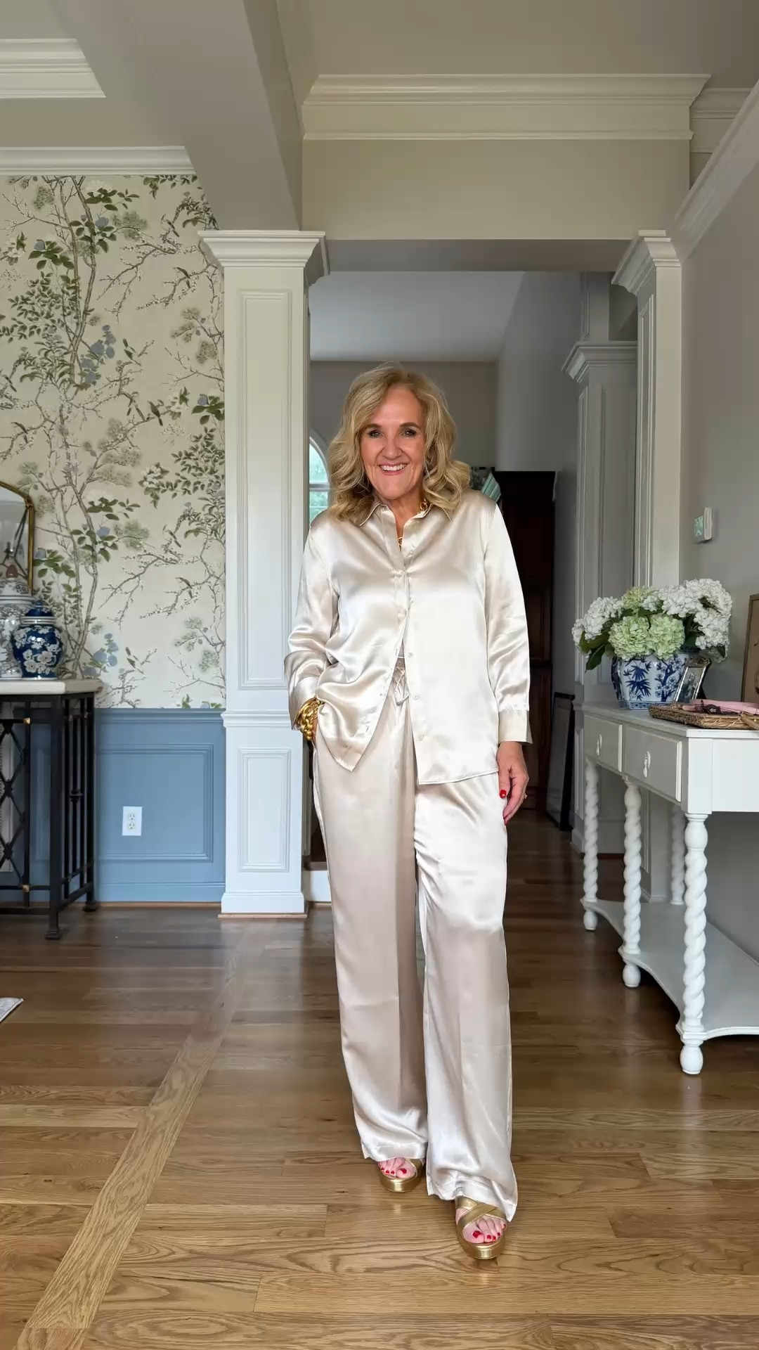 This champagne satin set is the definition of effortless elegance. The relaxed button-front top and wide-leg pants create a luxurious, comfortable look that works beautifully for dinners, celebrations, or any occasion where you want to feel polished.

💡 LTK MADE EASY
❤️ Heart = Support my posts!
🔖 Save = Get sale & restock alerts
📋 Lists = Keep favorites organized
📲 Share = Send lists and products to a friend. Hello, Christmas List!
💬 Comment = Ask me anything about what I'm wearing.:-)

#LTKootd #LTKWedding #LTKOver40