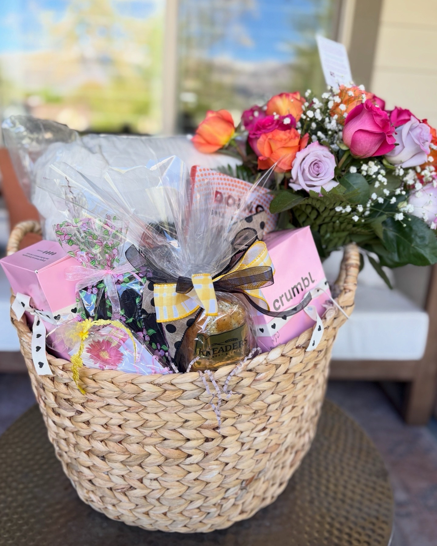 A sympathy basket filled with love and comfort. 💐⁣
⁣
I included:⁣
💛a big soft blanket⁣
🌷 a bouquet of roses⁣ @jimmysflowershop 
📕 an uplifting book⁣
🍪 Crumbl cookies⁣ @crumbl 
🌳 gift card to our local nursery @jjnursery 
🍚 gift card to Zaos⁣ @zaoasiancafe 
🍋 lemon bread and gift card from a local bakery & cafe⁣ @kneaders  #sympathygifts #sympathy #crumbl #gift #flowers

#LTKHome