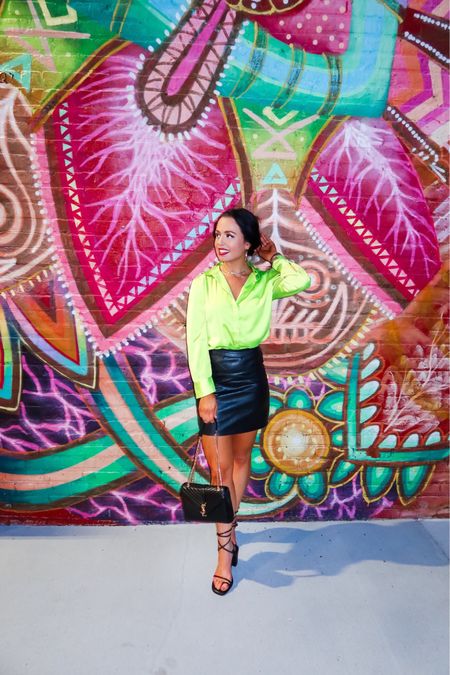 Under $30 amazon leather skirt (small, 5+ colors), under $10 amazon lime green button front top (small), under $20 amazon black lace up heels — a perfect spring date night look! #founditonamazon

#LTKshoecrush #LTKSpringSale #LTKfindsunder50