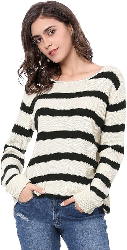 Allegra K Women's Round Neck Drop Shoulder Tunic Striped Sweater | Amazon (US)