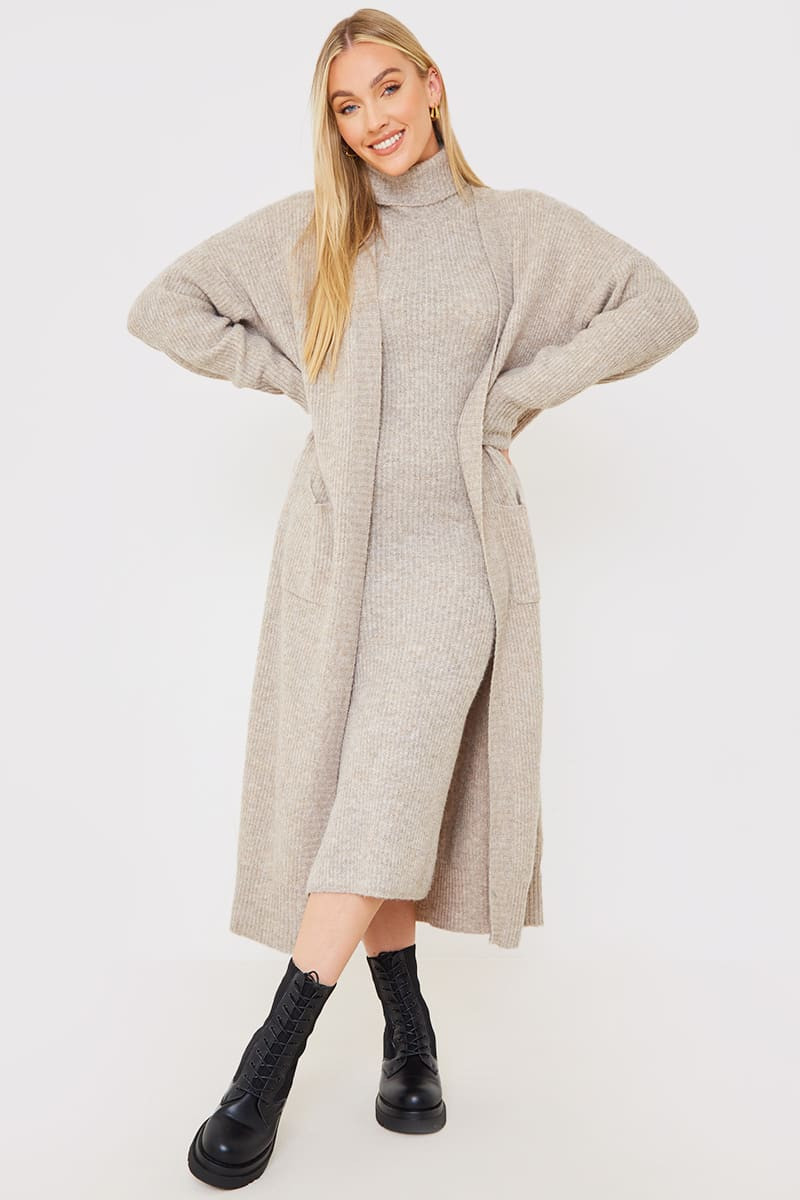 STACEY SOLOMON RECYLED KNITTED MOCHA CO-ORD MAXI CARDIGAN | In The Style (UK)