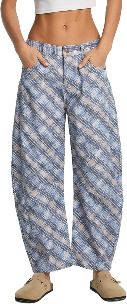 Women's Printed Barrel Jeans Wide Leg Baggy Denim Pants Mid Rise Boyfriend Plaid Pants Y2k Distre... | Amazon (US)