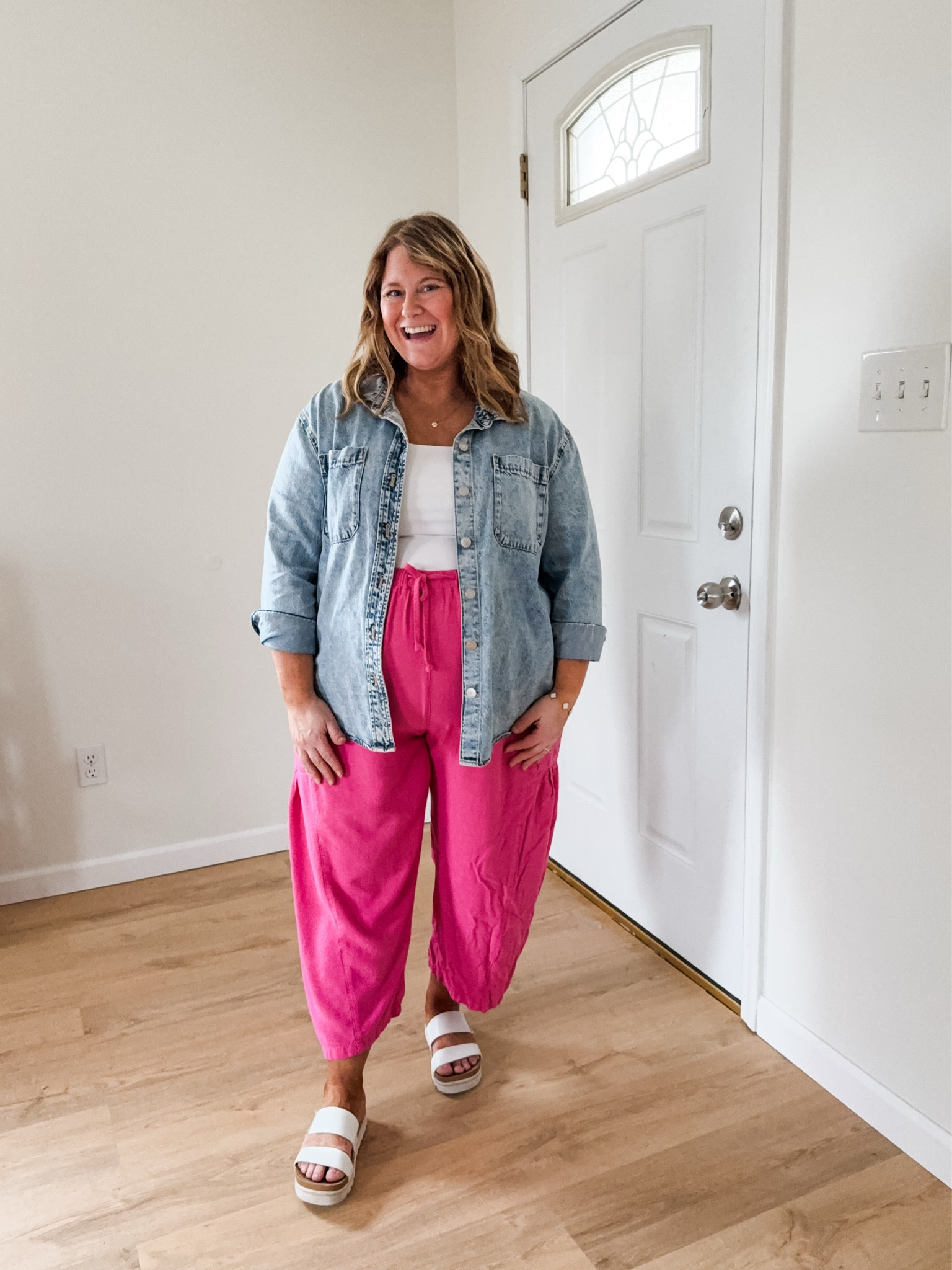 Wearing a large in my linen pants and an XL in my tank. My denim shirt is older so linked similar  

#LTKMidsize #LTKBump #LTKSeasonal