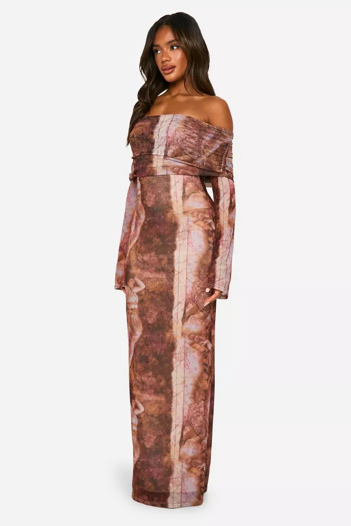 Renaissance Off The Shoulder Mesh Maxi Dress | boohoo (US & Canada)