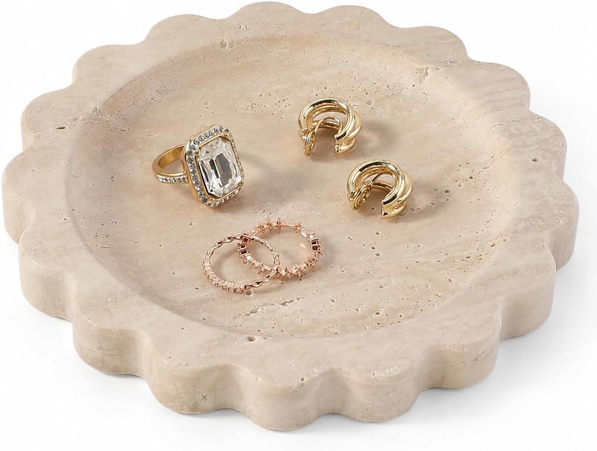 5.51" Travertine Tray, Natural Stone Trinket Dish for Ring Perfume, Round Scalloped Decorative Tray for Bathroom Vanity Dresser Countertop, Home Table Decor | Amazon (US)