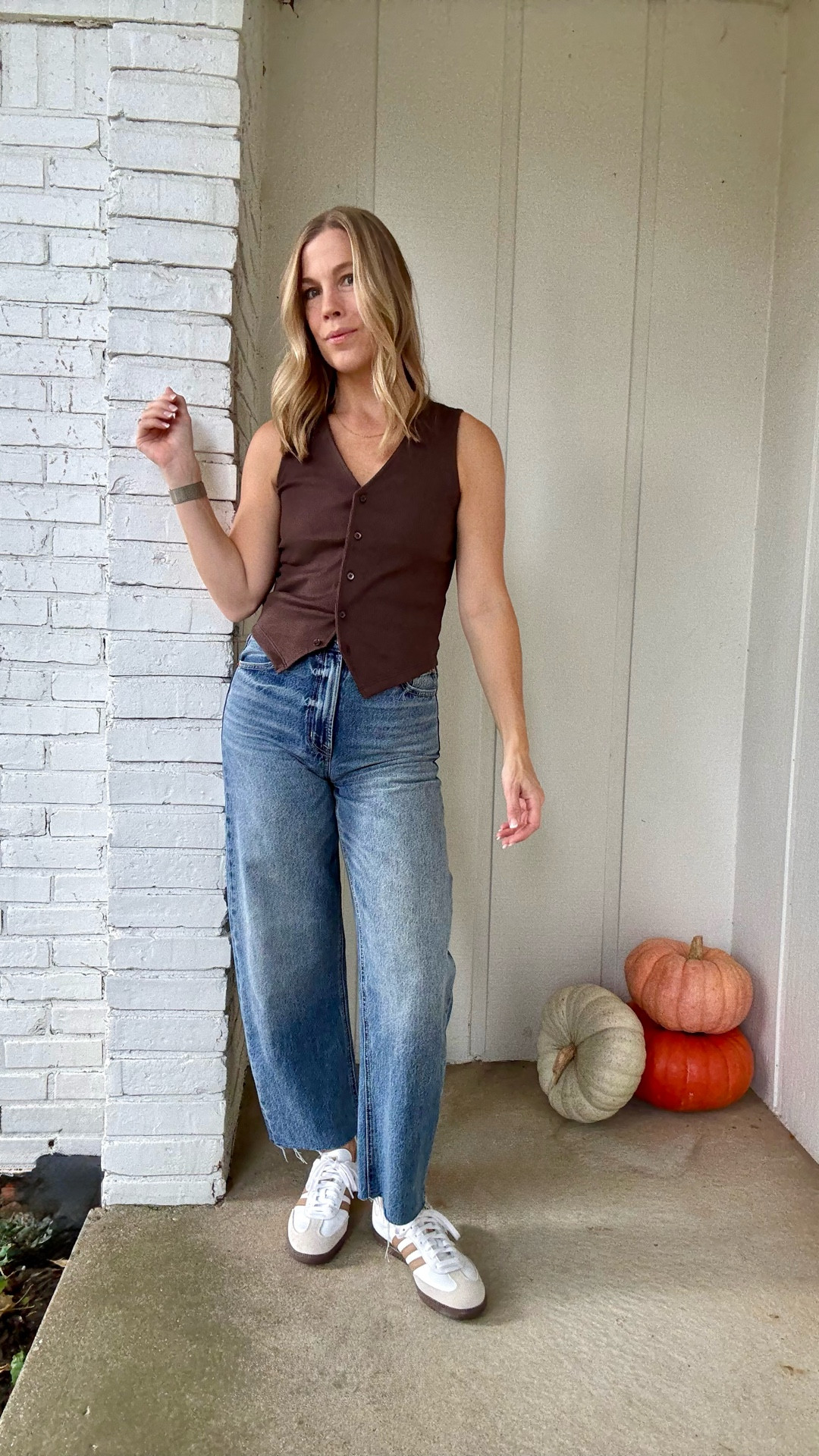 $30 brown lightweight ribbed vest. I sized down to an xs  On sale for Madewell Insiders. Pistola Wes Barrel Leg jeans. I cut the hem and they are TTS. Adidas samba sneakers  

#LTKStyleTip #LTKSaleAlert #LTKFindsUnder50