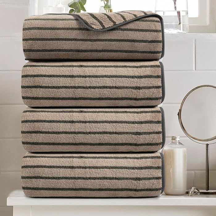 4 Piece Brown Cabana Stripe Large Bath Towels Oversized Bath Sheet Super Soft Breathable Jumbo Bathroom Towels Highly Absorbent Shower Towel Quick Dry Beach Chair Towel Spa Gym Hotel Towel Set | Amazon (US)