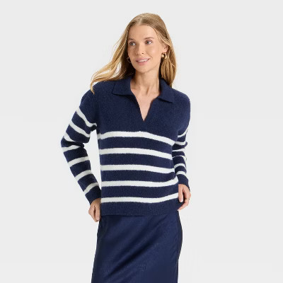 Women's Cozy Knit Polo Sweater - A New Day™ Navy Striped M | Target
