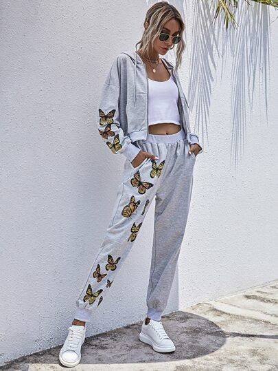 Butterfly Print Kangaroo Pocket Drawstring Hoodie & Sweatpants | SHEIN