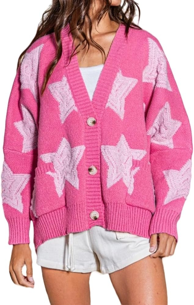 Women's Star Print Button Down V Neck Drop Shoulder Open Front Knit Cardigan Sweater | Amazon (US)