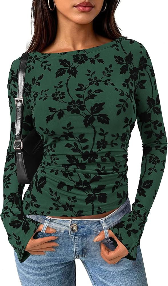 PRETTYGARDEN Women Long Sleeve Floral Mesh Tops Blouse 2025 Fall Trendy Boat Neck Ruched Fitted S... | Amazon (US)