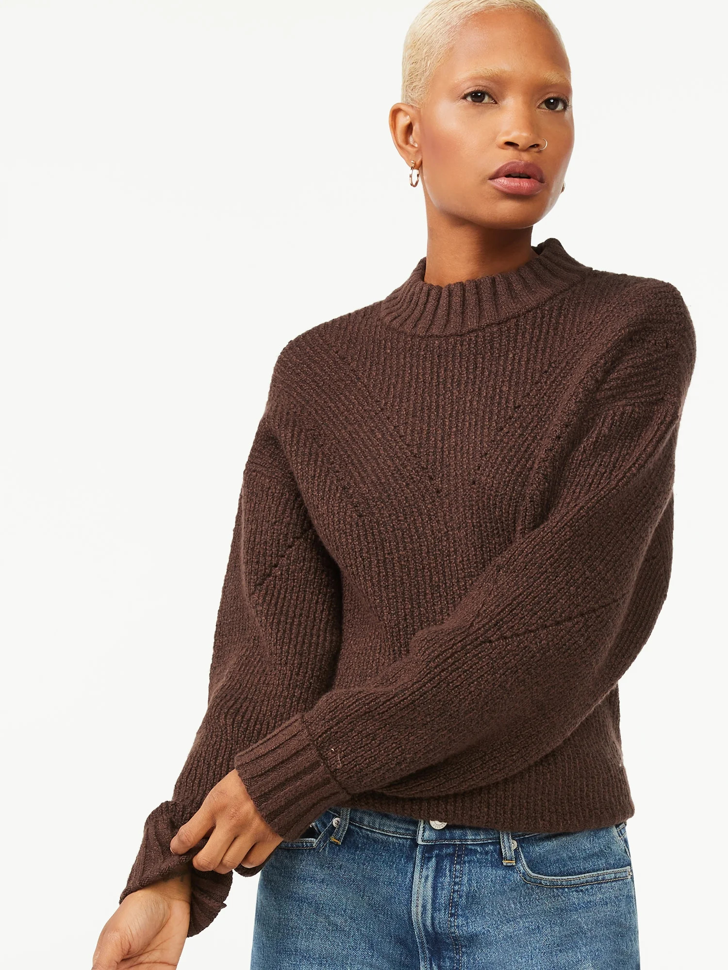 Free Assembly Women's Oversized Mock Neck Pointelle Sweater - Walmart.com | Walmart (US)