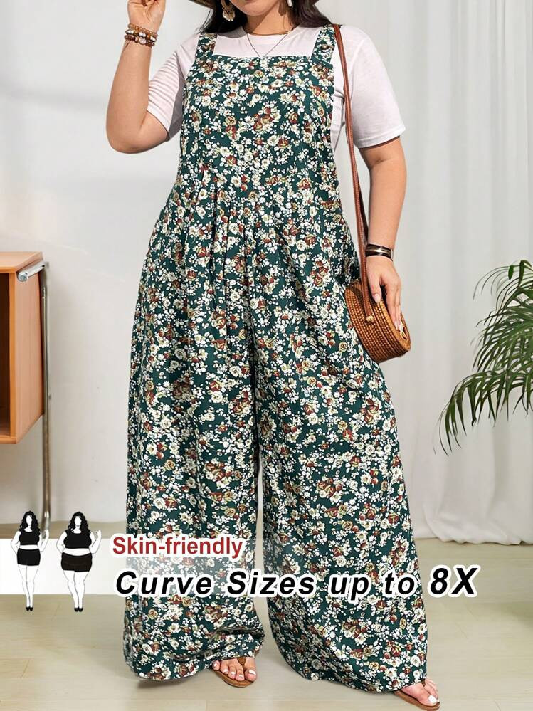 SHEIN CURVE+ Women's Plus Size Floral Print Jumpsuit, Vacation, Casual | SHEIN