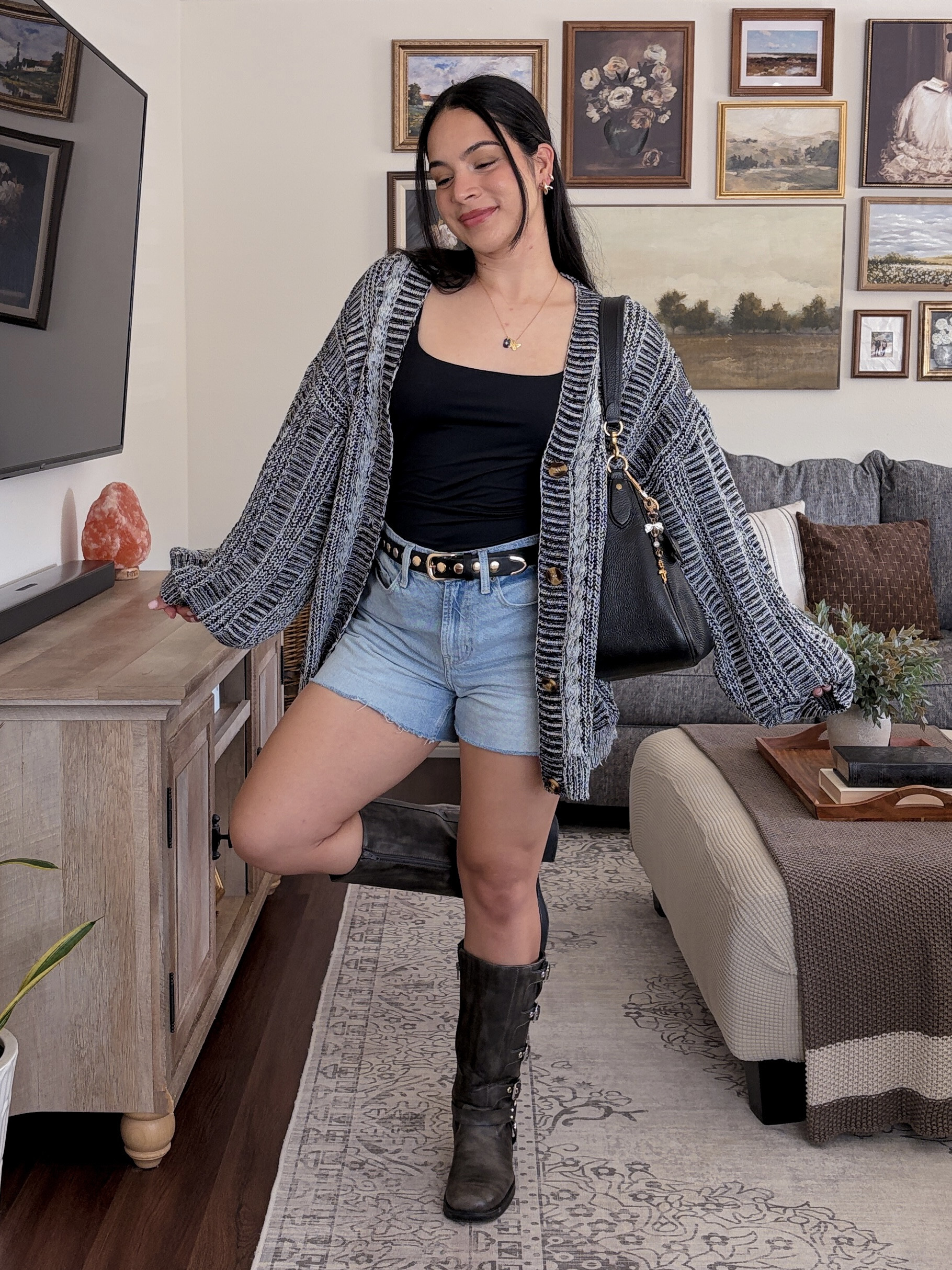 casual ootd 🖤 wearing the cardigan in a size medium // cupshe discount code IGJESSI15 ✨ black tank top, black camisole, black square neck top, denim shorts, high waisted denim shorts, jean shorts, cutoff shorts, blue denim shorts, knit cardigan, chunky knit cardigan, gray cardigan, oversized cardigan, open front cardigan, black knee high boots, knee high boots outfit, black boots outfit, casual fall outfit, fall outfit, fall fashion, transitional outfit, summer to fall outfit, western inspired outfit, western chic outfit, casual chic outfit, edgy casual outfit, classic casual outfit, everyday outfit, weekend outfit, cute casual outfit, denim shorts outfit, cardigan outfit, boots and shorts outfit, layered outfit, neutral outfit, black and denim outfit, crossbody bag, black handbag, black belt, gold jewelry, autumn outfit, cozy fall outfit, LTK fashion, LTK outfit, outfit inspiration, cupshe, transitional outfit   

 #LTKdayinmylife #LTKgrwm #LTKootd