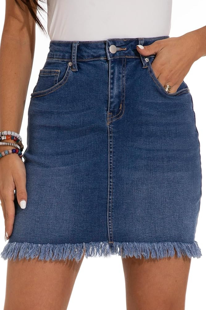 GUANYY Womens Denim Skirt Raw Hem Bodycon Stretch Casual High Waisted Jean Mini Skirt | Amazon (US)