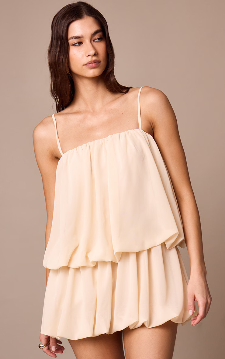 Almond Chiffon Ruched Strappy Puffball Dress | PrettyLittleThing US