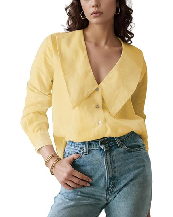 Daacee Women’s Big Collar Cotton Linen Blouses Dressy Casual Long Sleeve V Neck Button Down Shi... | Amazon (US)