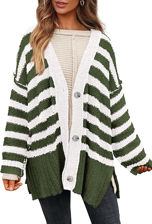 PRETTYGARDEN Women's Winter Striped Cardigan Sweaters Long Sleeve Button Down Open Front Chunky K... | Amazon (US)