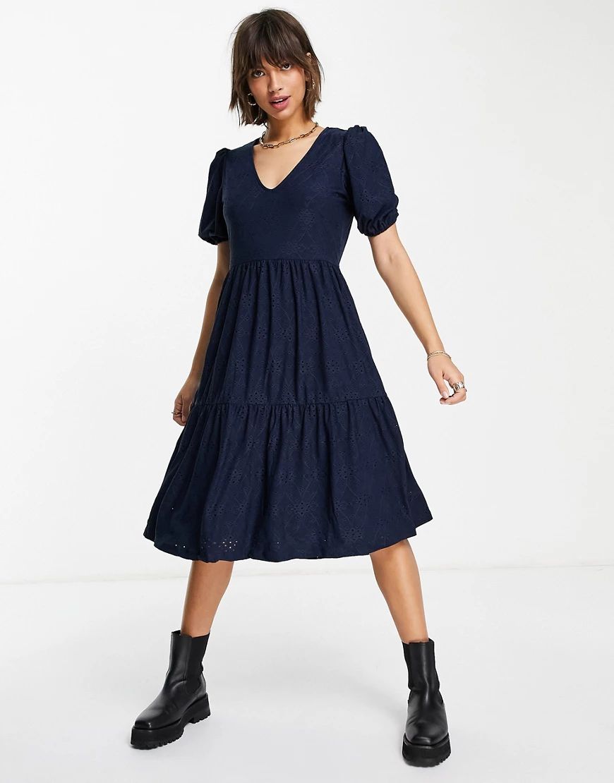 Vila tiered midi smock dress in navy | ASOS (Global)