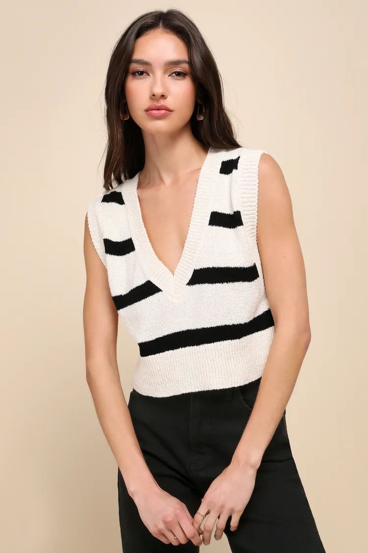 Santa Monica Black and White Striped Knit Sweater Vest Top | Lulus