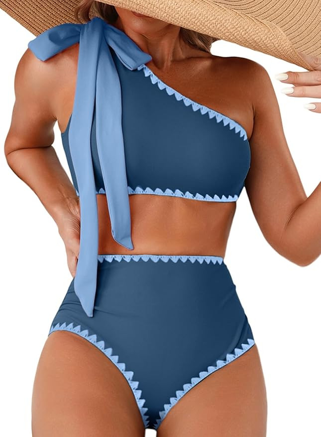 Herseas Women's One Bow Shoulder Bikini Sets 2 Piece Ruched Swimsuit Elegant Bathing Suit | Amazon (US)