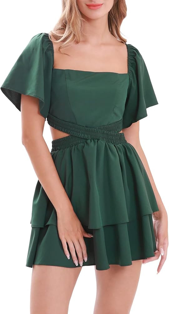 YODNBUK Women's Sexy Summer Off Shoulder Cute Mini Dress Square Neck Ruffle Sleeve Cutout Flowy S... | Amazon (US)