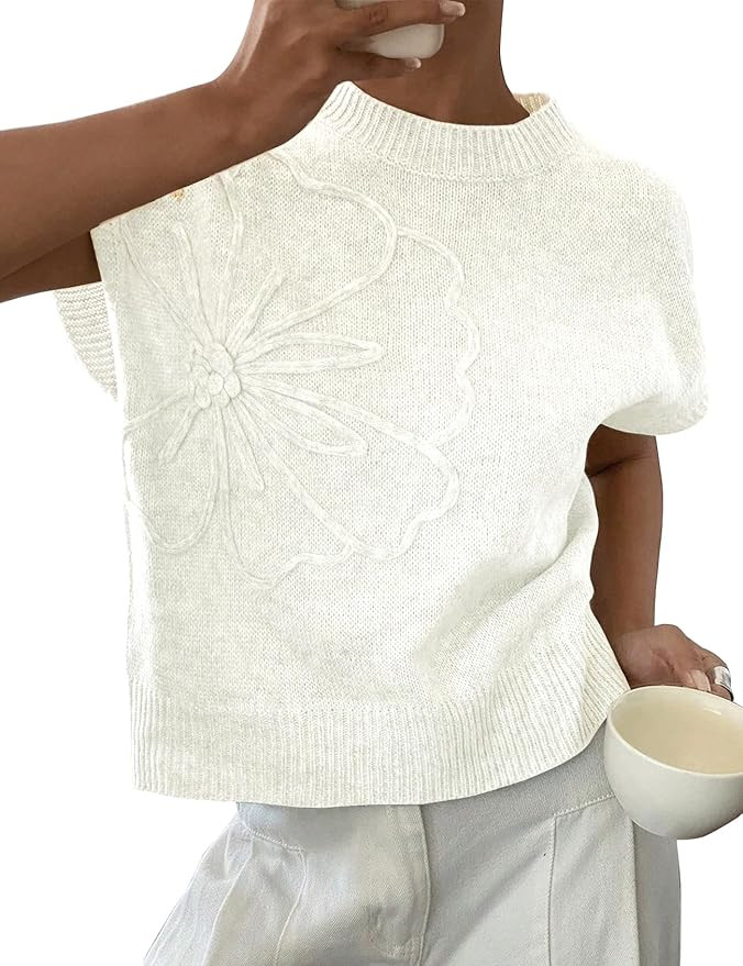 Womens Floral Sweater Vest Cute Cap Sleeve Tops 3D Flower Decor Knit Tank Top Loose Spring Fall S... | Amazon (US)
