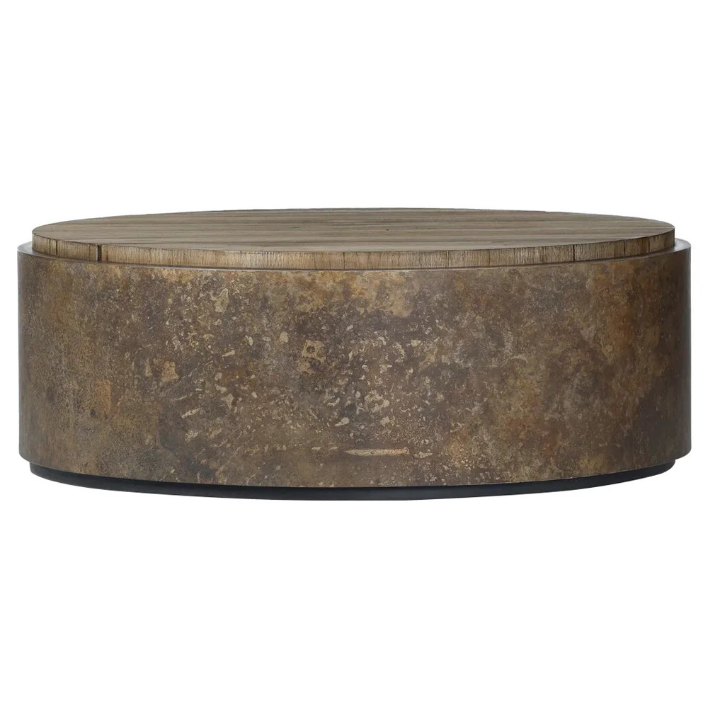 Cami Rustic Lodge Oak Wood Acid Wash Metal Drum Coffee Table | Kathy Kuo Home
