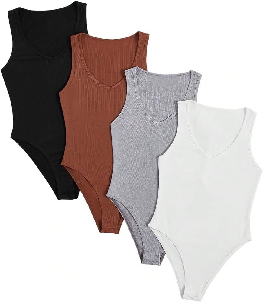 WDIRARA Women's 4 Pack Set Casual Ribbed Knit Scoop Neck Sleeveless Cami Bodysuit Shirts | Amazon (US)